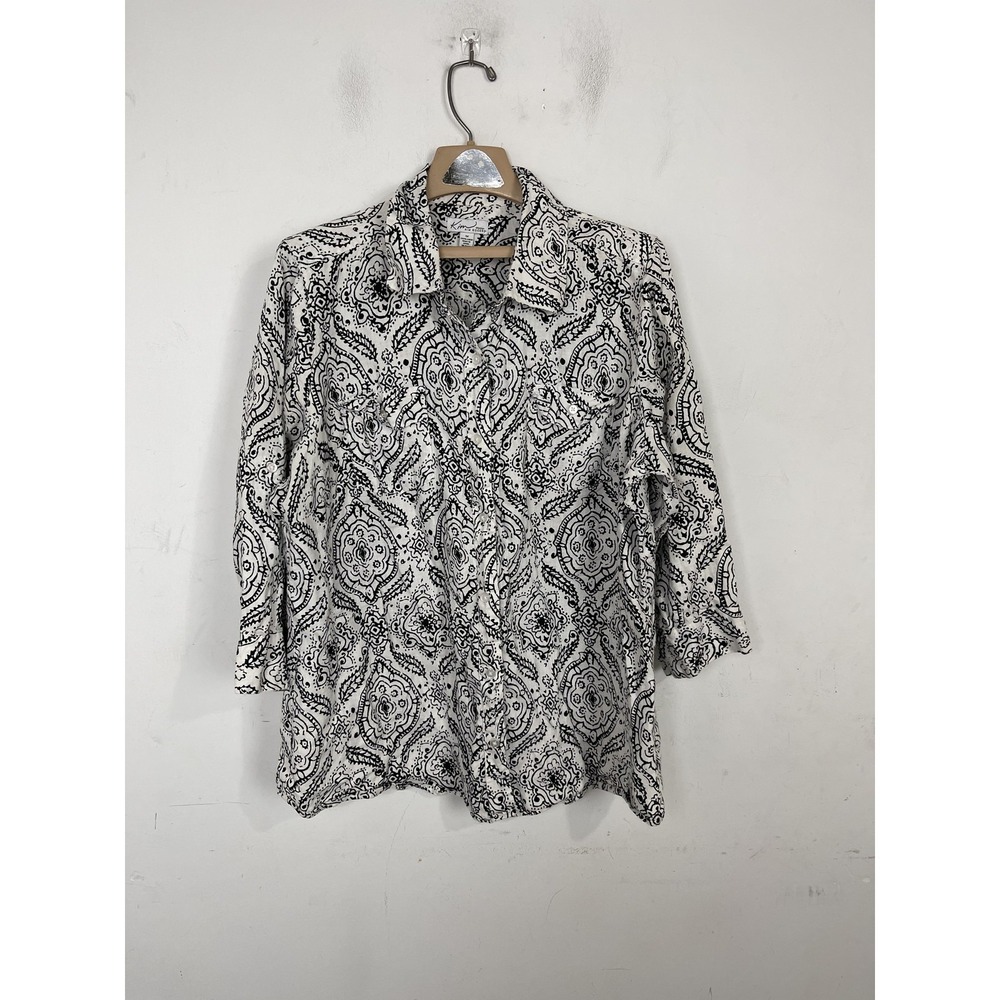 Kim Rogers Shirt Womens 1X White 100%‎ Linen Beachy Coastal Button Up Paisley